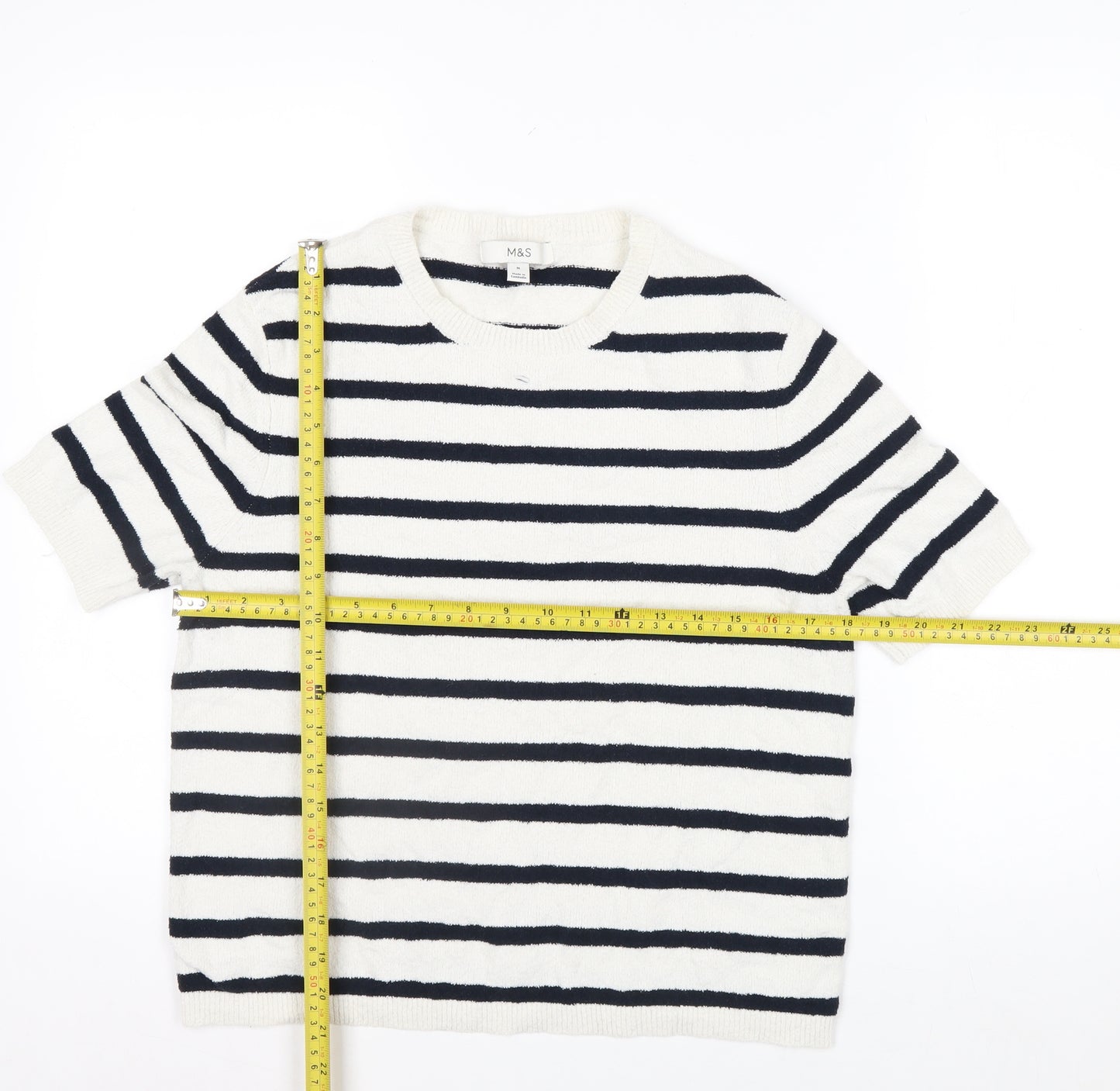 Marks and Spencer Womens White Striped Knit Short Sleeve T-Shirt M