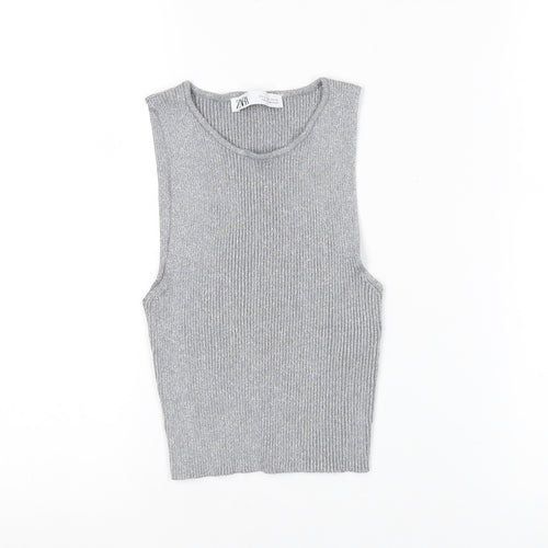 ZARA Women Grey Ribbed Knit Cropped Tank Top Size S