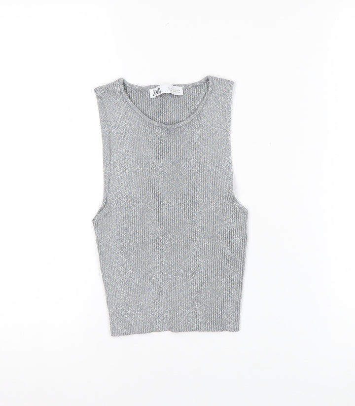 ZARA Women Grey Ribbed Knit Cropped Tank Top Size S