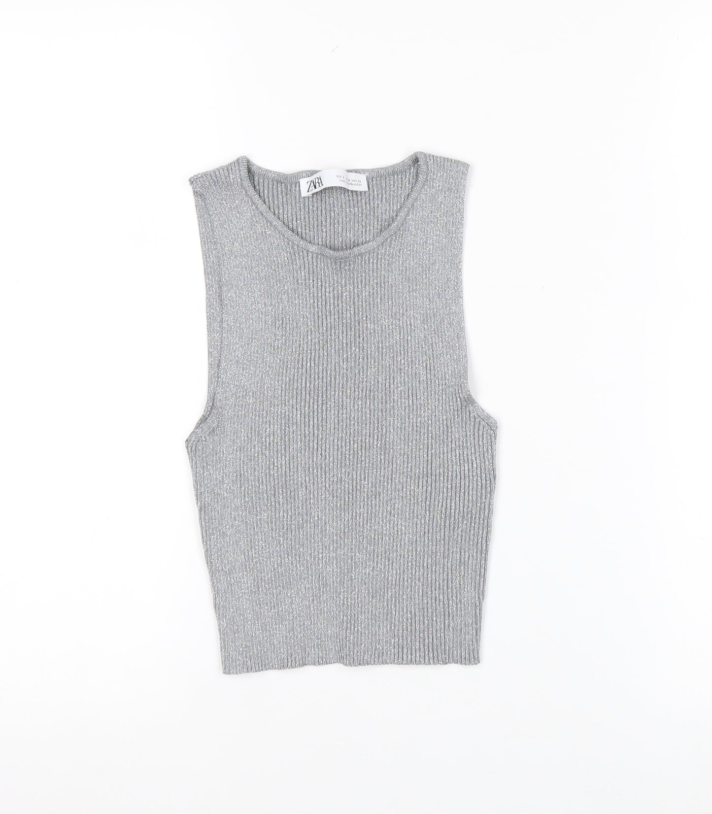 ZARA Women Grey Ribbed Knit Cropped Tank Top Size S