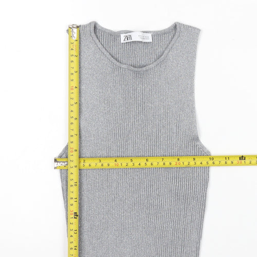 ZARA Women Grey Ribbed Knit Cropped Tank Top Size S