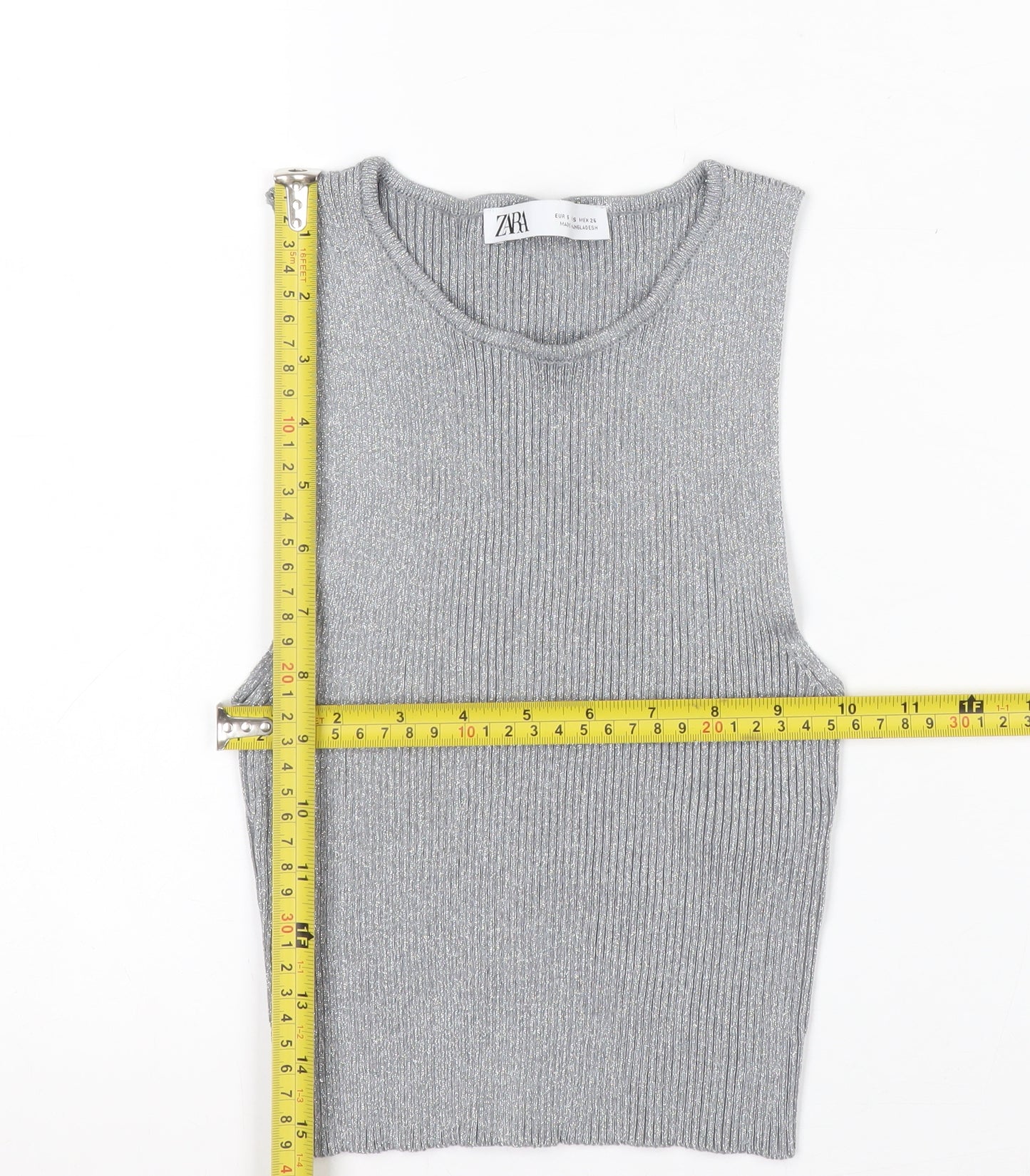 ZARA Women Grey Ribbed Knit Cropped Tank Top Size S