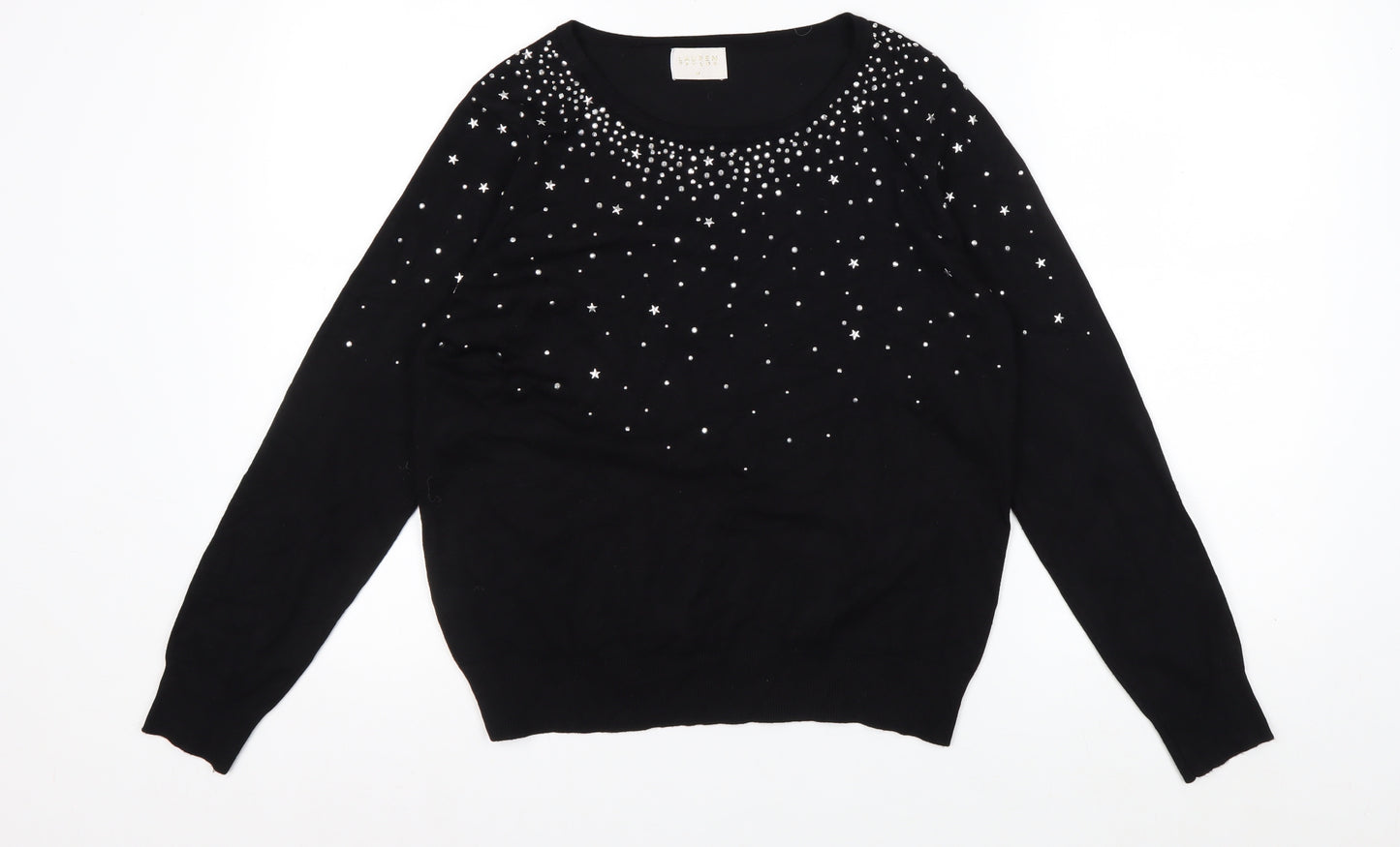 Lauren Taylor Womens Black Star Beaded Knit Jumper Size M