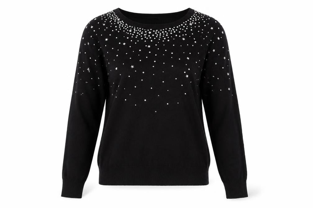 Lauren Taylor Womens Black Star Beaded Knit Jumper Size M