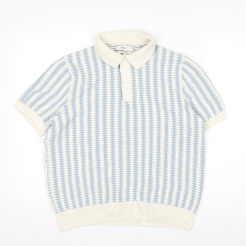 Marks and Spencer Men Blue Cream Cotton Short Sleeve Polo L