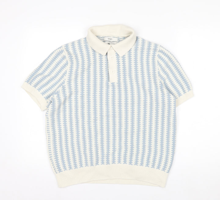 Marks and Spencer Men Blue Cream Cotton Short Sleeve Polo L
