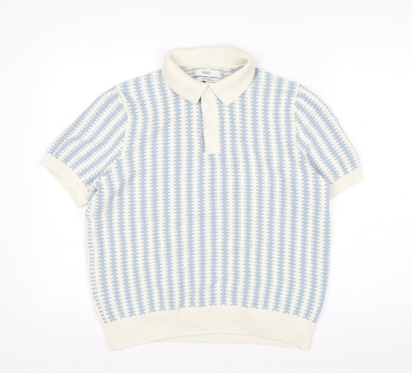 Marks and Spencer Men Blue Cream Cotton Short Sleeve Polo L