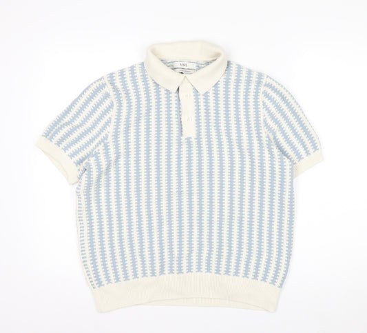 Marks and Spencer Men Blue Cream Cotton Short Sleeve Polo L