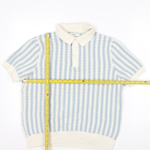 Marks and Spencer Men Blue Cream Cotton Short Sleeve Polo L