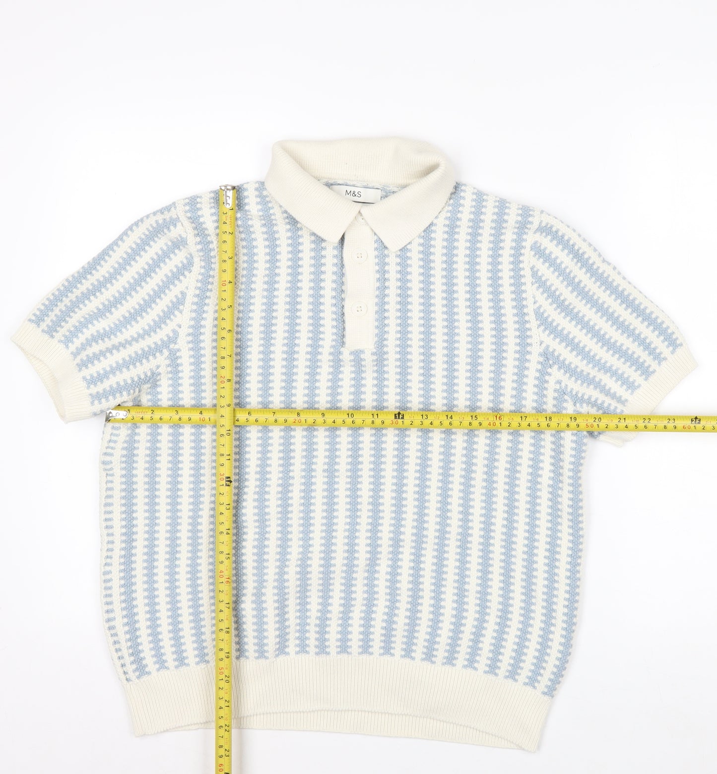 Marks and Spencer Men Blue Cream Cotton Short Sleeve Polo L