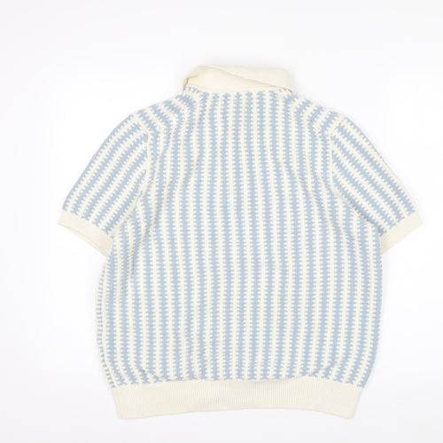 Marks and Spencer Men Blue Cream Cotton Short Sleeve Polo L