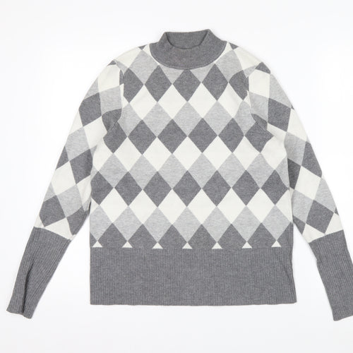 Marks and Spencer Women’s Grey Argyle Mock Neck Knit Jumper Size 14