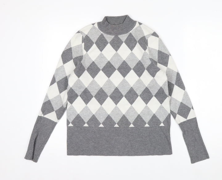 Marks and Spencer Women’s Grey Argyle Mock Neck Knit Jumper Size 14