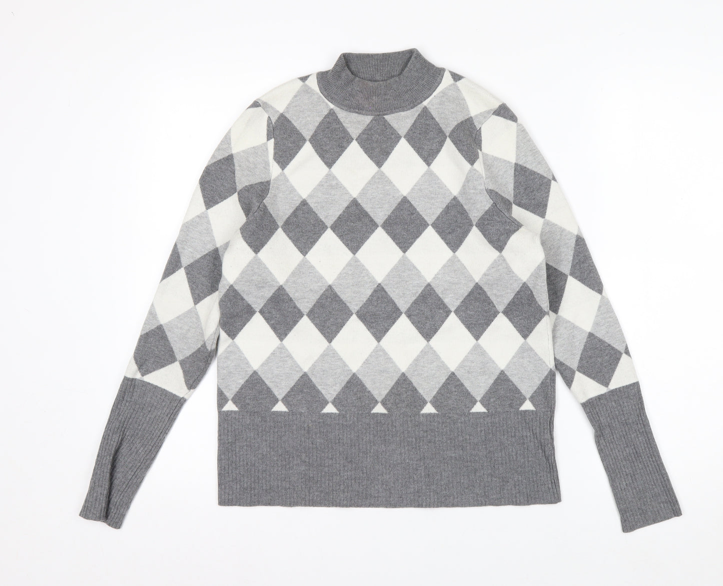 Marks and Spencer Women’s Grey Argyle Mock Neck Knit Jumper Size 14
