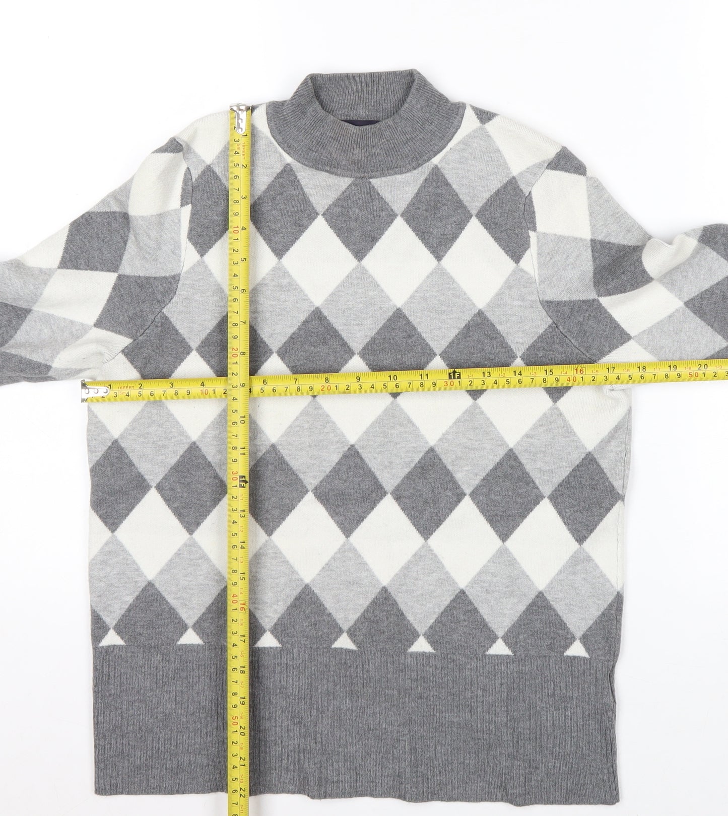 Marks and Spencer Women’s Grey Argyle Mock Neck Knit Jumper Size 14