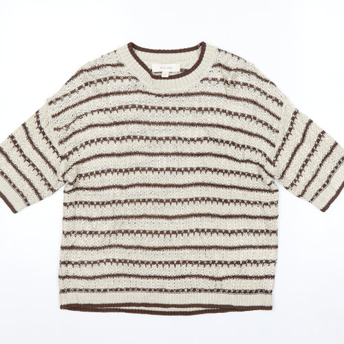 Marks and Spencer Per Una Women's Beige Striped 3/4 Sleeve Knit Jumper M