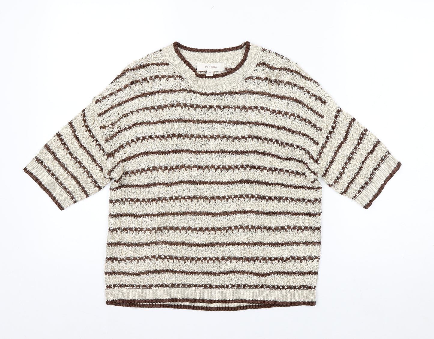 Marks and Spencer Per Una Women's Beige Striped 3/4 Sleeve Knit Jumper M