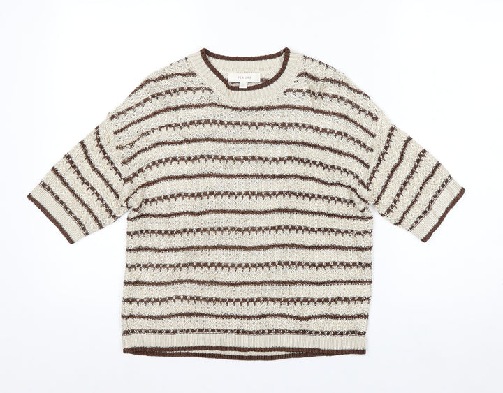 Marks and Spencer Per Una Women's Beige Striped 3/4 Sleeve Knit Jumper M