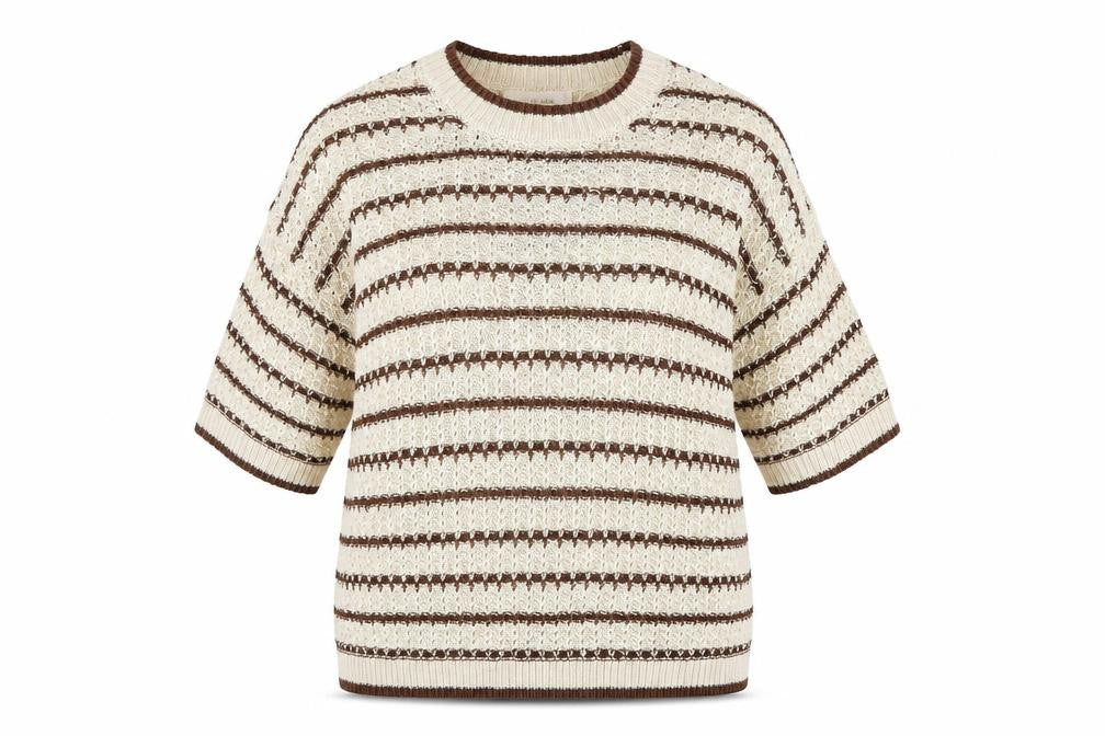 Marks and Spencer Per Una Women's Beige Striped 3/4 Sleeve Knit Jumper M