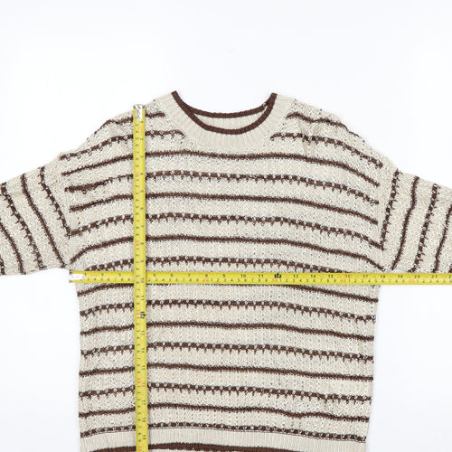 Marks and Spencer Per Una Women's Beige Striped 3/4 Sleeve Knit Jumper M