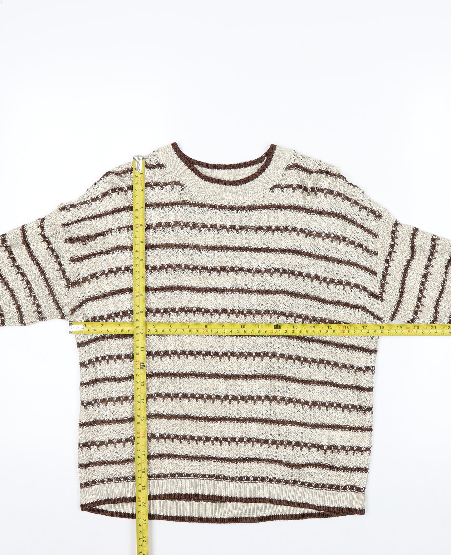Marks and Spencer Per Una Women's Beige Striped 3/4 Sleeve Knit Jumper M