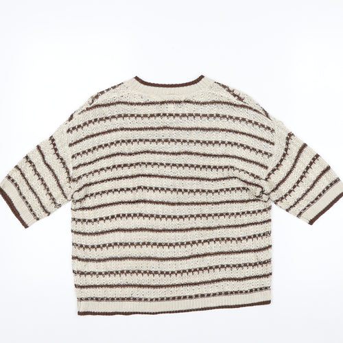 Marks and Spencer Per Una Women's Beige Striped 3/4 Sleeve Knit Jumper M