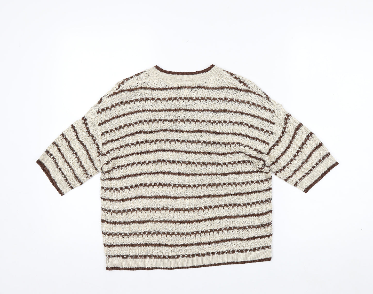 Marks and Spencer Per Una Women's Beige Striped 3/4 Sleeve Knit Jumper M