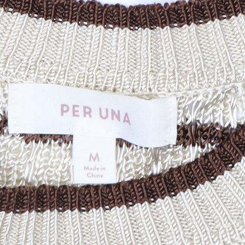 Marks and Spencer Per Una Women's Beige Striped 3/4 Sleeve Knit Jumper M
