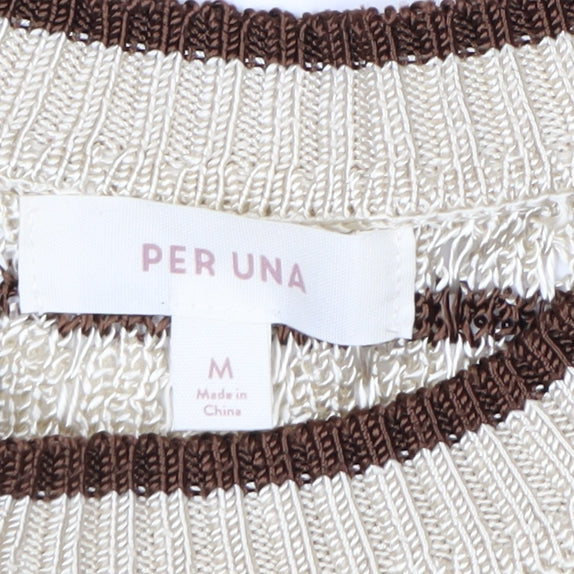 Marks and Spencer Per Una Women's Beige Striped 3/4 Sleeve Knit Jumper M