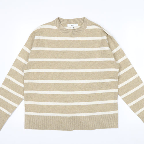 Marks and Spencer Men's Beige Striped Crew Neck Jumper Size M