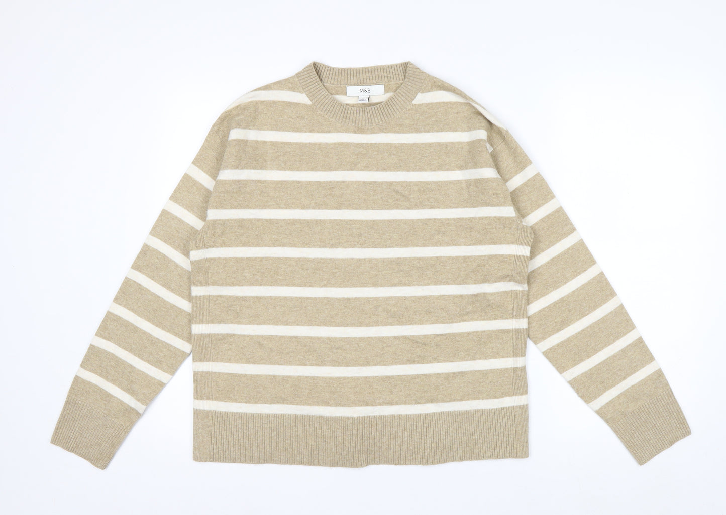 Marks and Spencer Men's Beige Striped Crew Neck Jumper Size M