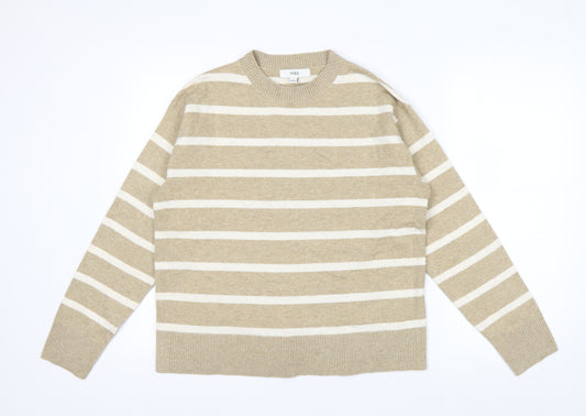 Marks and Spencer Men's Beige Striped Crew Neck Jumper Size M