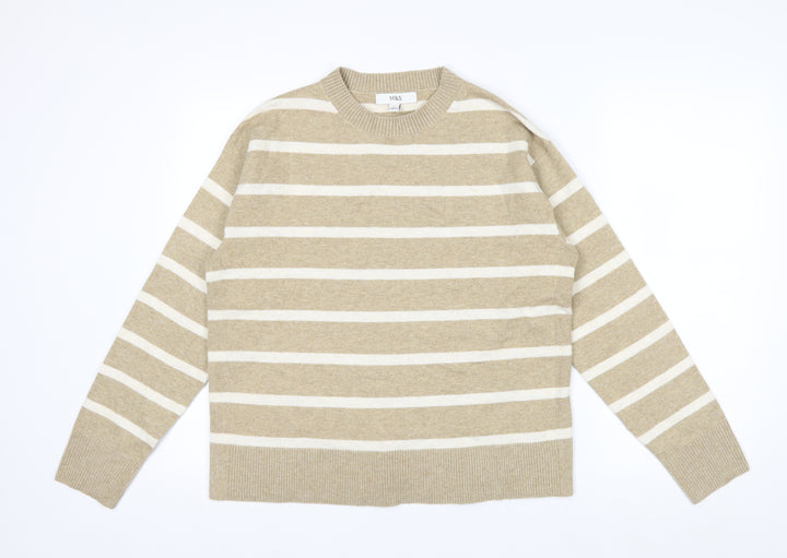 Marks and Spencer Men's Beige Striped Crew Neck Jumper Size M