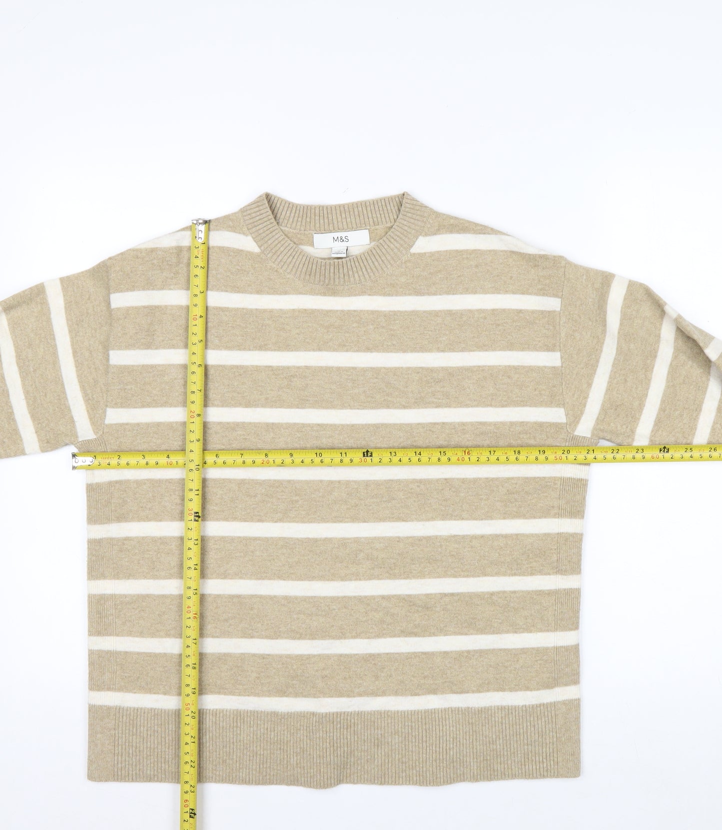 Marks and Spencer Men's Beige Striped Crew Neck Jumper Size M
