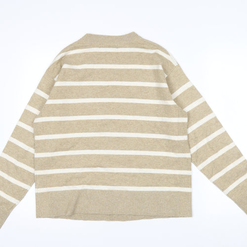 Marks and Spencer Men's Beige Striped Crew Neck Jumper Size M