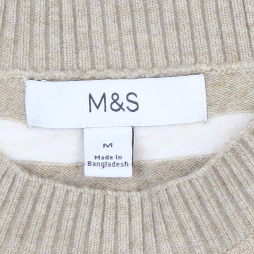 Marks and Spencer Men's Beige Striped Crew Neck Jumper Size M