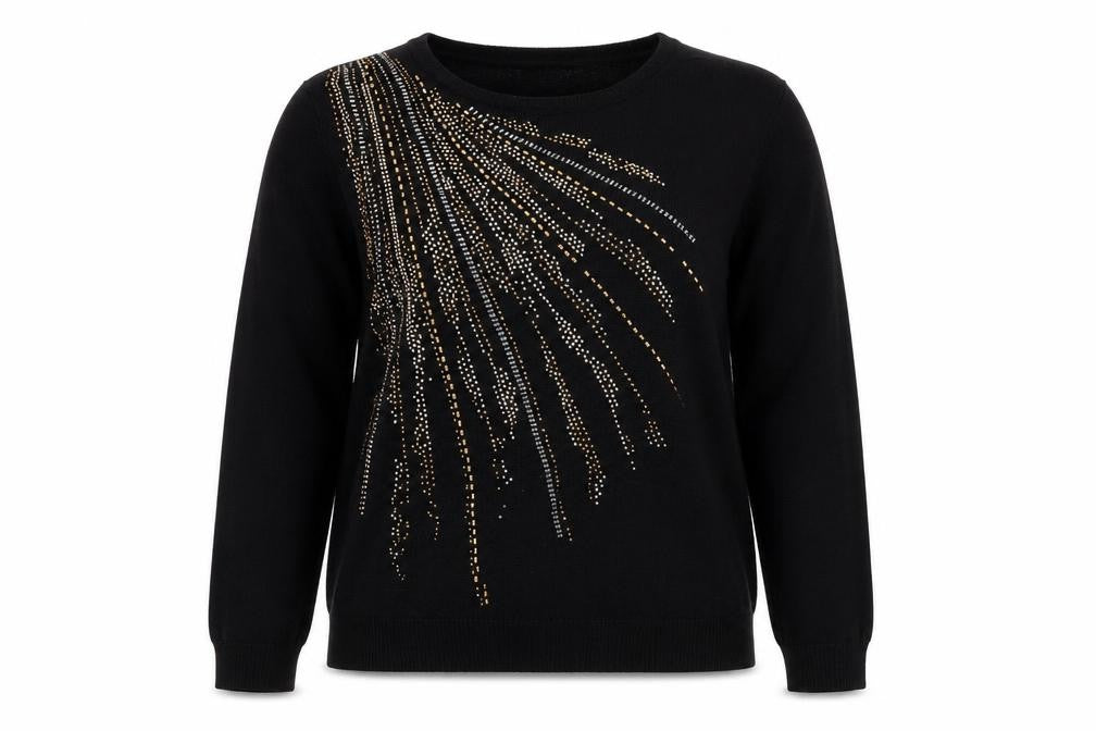 Front view of Vida Vi Women's Black Beaded jumper, size S, Party Knit