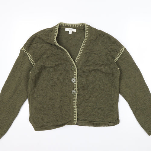 Marks and Spencer Women Khaki Green Medium Cotton Blend V-Neck Cardigan