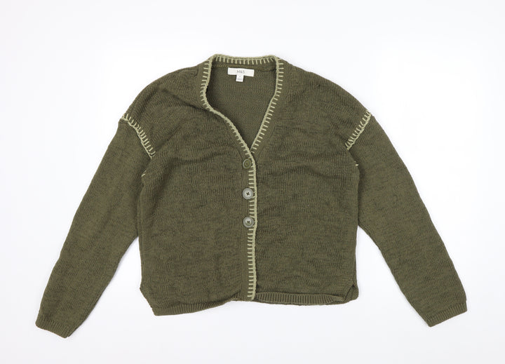 Marks and Spencer Women Khaki Green Medium Cotton Blend V-Neck Cardigan