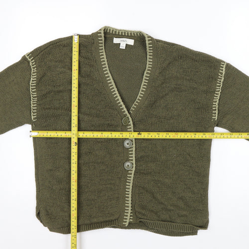 Marks and Spencer Women Khaki Green Medium Cotton Blend V-Neck Cardigan