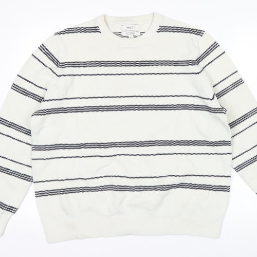 Marks and Spencer Men's White Striped Cotton Crew Neck Jumper XL