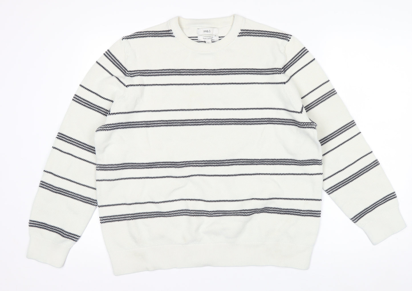 Marks and Spencer Men's White Striped Cotton Crew Neck Jumper XL
