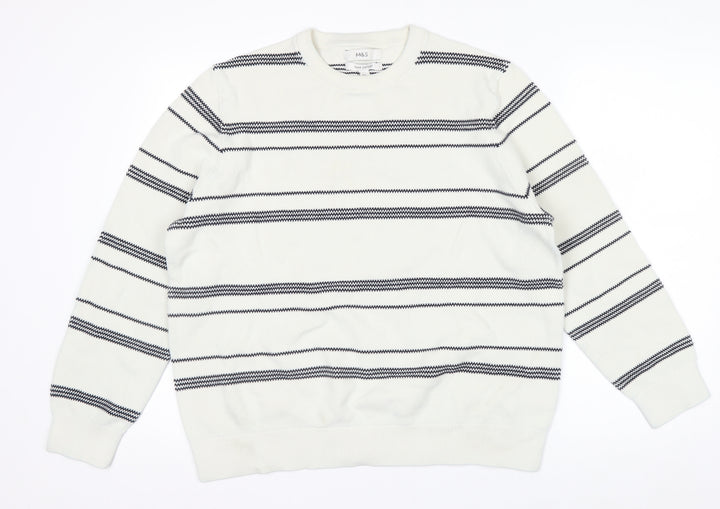 Marks and Spencer Men's White Striped Cotton Crew Neck Jumper XL