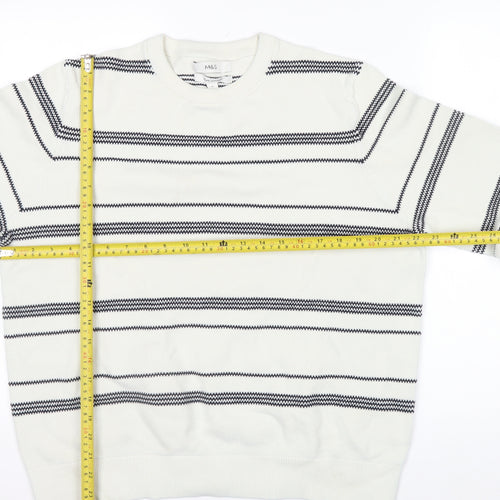 Marks and Spencer Men's White Striped Cotton Crew Neck Jumper XL