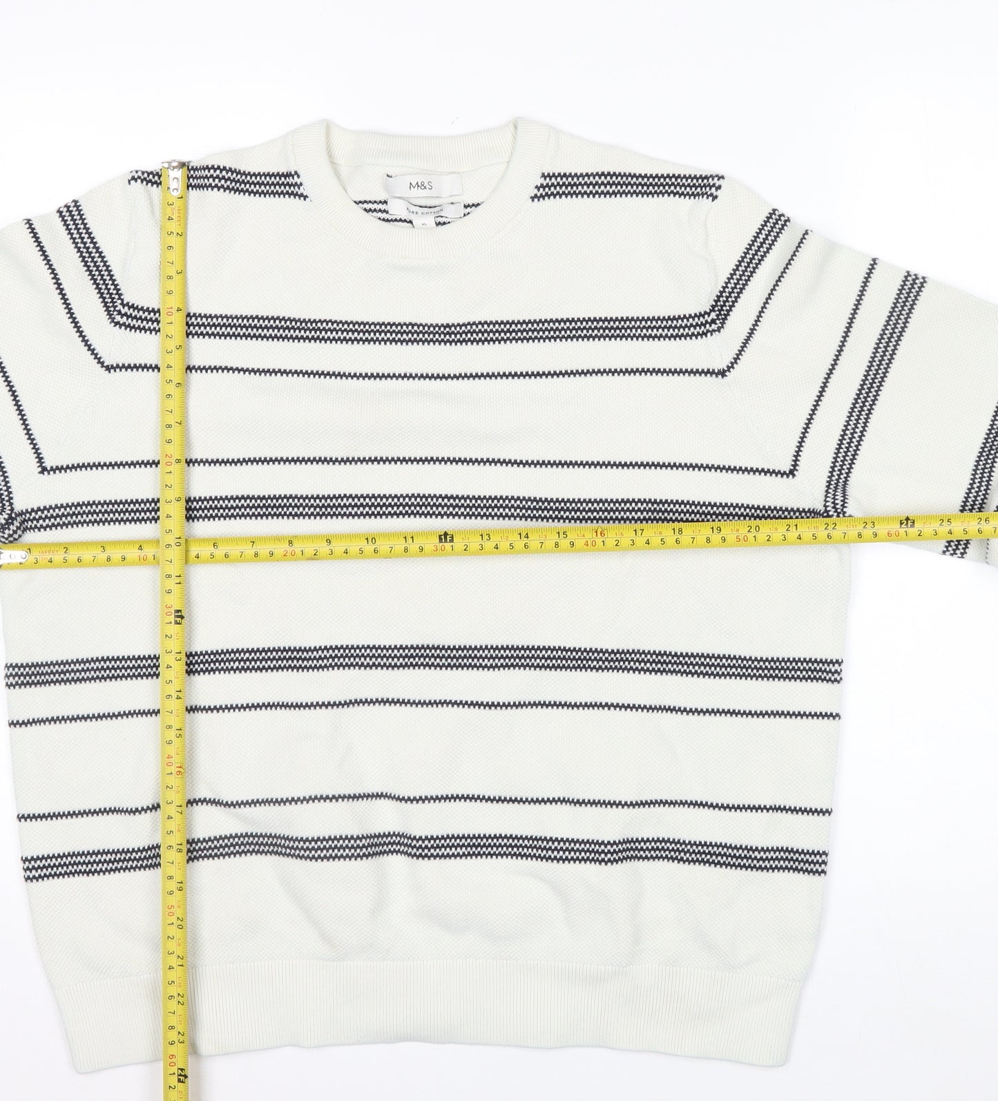 Marks and Spencer Men's White Striped Cotton Crew Neck Jumper XL