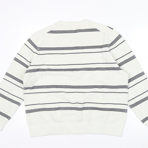 Marks and Spencer Men's White Striped Cotton Crew Neck Jumper XL