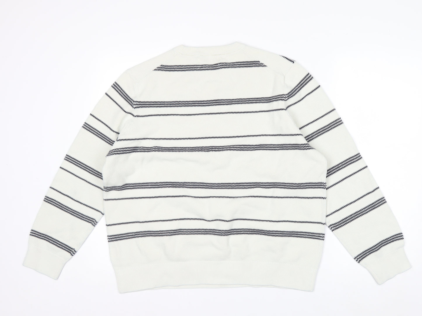 Marks and Spencer Men's White Striped Cotton Crew Neck Jumper XL