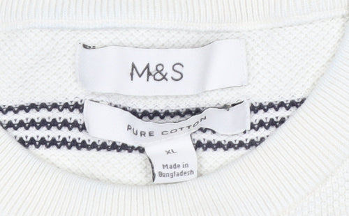 Marks and Spencer Men's White Striped Cotton Crew Neck Jumper XL