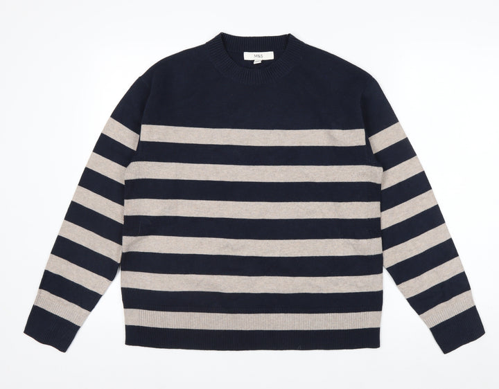 Marks and Spencer Men's Blue Striped Crew Neck Pullover Jumper Size M