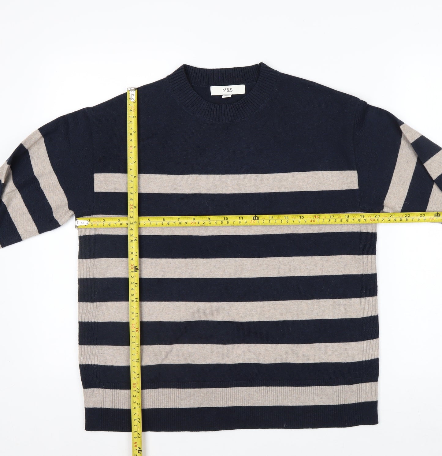 Marks and Spencer Men's Blue Striped Crew Neck Pullover Jumper Size M